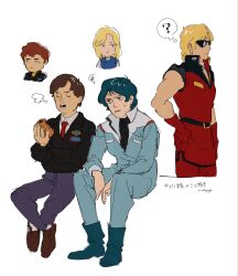  1girl 5boys ? aeug amuro_ray beltorchika_irma black_gloves black_jacket black_shoes blonde_hair blue_hair boots brown_hair char_aznable gloves gundam highres jacket kamille_bidan katz_howan military_uniform multiple_boys napp pants quattro_bajeena science_fiction shoes simple_background sleeveless socks speech_bubble spoken_question_mark sunglasses thought_bubble zeta_gundam 
