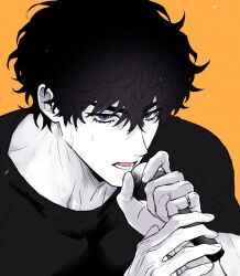  black_eyes black_hair black_shirt choi_jongsu garbage_time highres holding holding_microphone jewelry lower_eyelashes_only male_focus messy_hair microphone open_mouth orange_background ring shirt short_hair sweat sweatdrop ununtied upper_body 
