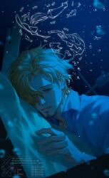  1boy air_bubble aqua_theme blonde_hair blue_background blue_eyes blue_theme bubble commentary curly_eyebrows english_commentary facial_hair goatee hair_over_one_eye highres male_focus messy_hair mustache_stubble one_piece sanji_(one_piece) scenery solo stubble submerged swimming underwater xx_xx_art 
