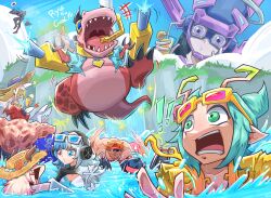 ! !! 5girls 6+boys absurdres claws commentary cup daredevil deadpool devil_dinosaur dinosaur emma_frost english_commentary english_text fangs galacta hebinalmeog highres holding holding_cup jeff_the_land_shark looking_at_another looking_up luna_snow luna_snow_(cool_summer) mantis_(marvel) marvel marvel_rivals masked multiple_boys multiple_girls open_mouth shark smile star_(symbol) surprised the_punisher_(character) ultron water waterfall white_fox_(marvel) wide-eyed 