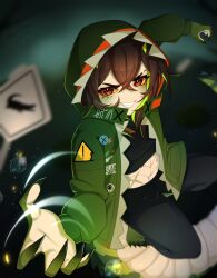  1girl absurdres beastiez black_pants black_shirt brown_hair colored_sclera crocodile_girl crocodilian_tail green_jacket green_streaks grin highres jacket kairyu_crocodile looking_at_viewer multicolored_hair pants red_eyes shirt smile solo streaked_hair tail virtual_youtuber woudpe yellow_sclera 