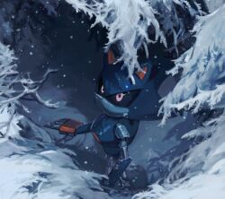  1boy absurdres animal_ears black_sclera by_almaz colored_sclera forest highres humanoid_robot joints looking_back looking_up mechanical_arms metal_sonic nature red_eyes robot robot_joints snow snowing solo sonic_(series) tree 