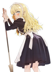  1girl apron back_bow black_dress blonde_hair blue_eyes blush bow broom commentary dress elf feet_out_of_frame frilled_apron frills highres holding holding_broom long_hair long_sleeves maid_headdress notched_ear original parted_lips pleated_dress pointy_ears solo subachi tareme white_apron 