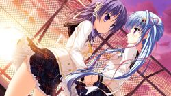  2girls atarashi_mikoto blue_hair bow buttons closed_mouth crying double-breasted dutch_angle evening fence floating_hair frilled_skirt frills from_below from_side game_asset grabbing_another's_hand hair_ornament hair_ribbon hinata_nao iron_fence light_smile long_hair long_sleeves looking_at_another luluna magical_marriage_lunatics!! multiple_girls non-web_source official_art plaid_clothes plaid_sailor_collar plaid_skirt profile ribbon sailor_collar shirt skirt skull standing striped_clothes tears twintails two-tone_shirt violet_eyes white_shirt yellow_bow 