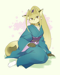  1girl absurdres arm_support blue_kimono brown_eyes character_request closed_mouth fox_girl furry furry_female highres japanese_clothes kimono kinoshita_jiroh long_sleeves looking_at_viewer obi sash socks solo tabi the_spicy_ninja_scrolls white_background white_socks wide_sleeves 