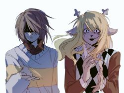  1girl 1other antlers black_eyes blonde_hair brown_hair collared_shirt commentary deer_antlers deer_girl deltarune furry furry_female horns kris_(deltarune) long_hair noelle_holiday outstretched_hand partially_shaded_face red_pupils shirt short_hair si_ben_huan single_horizontal_stripe sweater sweater_vest untranslatable_commentary utdr_(toby_fox) 