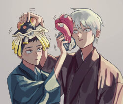  2boys :t black_hair character_request commentary_request copyright_request fingernails fusenryo hair_between_eyes holding holding_stuffed_toy male_focus motion_lines multiple_boys open_mouth pokemon short_hair stuffed_toy toedscruel very_short_hair white_hair wugtrio 