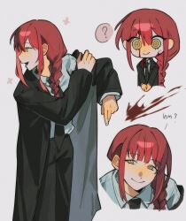  1girl ? blood blood_on_face chainsaw_man commentary english_text highres makima_(chainsaw_man) multiple_views nahuhnaur necktie red_hair simple_background solo speech_bubble spoken_question_mark tagme white_background 