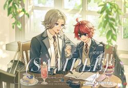  2boys ahoge alternate_costume aotsuki_eito bag bag_charm black_gloves black_hair blue_eyes blue_jacket blue_necktie blueberry book cake cake_slice cellphone chair character-themed_food character_charm charm_(object) chinese_commentary collared_shirt commentary_request day diagonal-striped_clothes diagonal-striped_necktie eraser food fruit glasses gloves grey_shirt grey_sweater_vest hanging_plant highres holding holding_pen indoors jacket lapels light_particles male_focus multicolored_hair multicolored_necktie multiple_boys necktie notched_lapels on_chair open_book open_clothes open_jacket open_mouth parfait pen pencil_case phone red_hair red_necktie ruler sample_watermark school_bag school_uniform sevenleaves7 shirt short_hair smartphone smile sticky_note strawberry streaked_hair striped_clothes striped_necktie studying sumino_takumi sweat sweater_vest table the_hundred_line_-last_defense_academy- tie_clip too_many_watermarks two-tone_hair watermark white_necktie white_shirt window wing_collar 