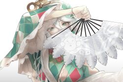  1girl absurdres argyle_clothes argyle_kimono arm_up cecilia_immergreen cecilia_immergreen_(new_year) commentary covered_mouth doll_joints folding_fan green_eyes green_hair green_kimono green_streaks grey_hair hair_bun hand_fan highres holding holding_fan hololive hololive_english japanese_clothes joints kimono lace-trimmed_kimono lace_trim looking_at_viewer multicolored_hair official_alternate_costume otomo_(cecilia_immergreen) print_fan print_kimono s16hhhhhh short_hair simple_background solo streaked_hair two-tone_hair upper_body virtual_youtuber white_background winding_key 