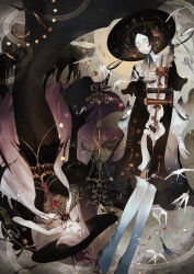  2girls absurdres bird black_dress black_hair cape closed_mouth commentary dress english_commentary flower full_body gloves hat highres jewelry long_hair long_sleeves looking_at_viewer moon multiple_girls original red_eyes rotational_symmetry short_hair smile upside-down variant_set very_long_hair white_hair wide_sleeves witch y!_(y83_oishi) 