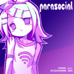  1girl blush_stickers bow_hairband detached_sleeves hair_ornament hairband hairclip head_tilt highres kagamine_rin medium_hair negiwave2000 official_art parallel_hairclips parasocial_(vocaloid) purple_theme solo song_name tank_top upper_body vocaloid wi-fi_symbol 