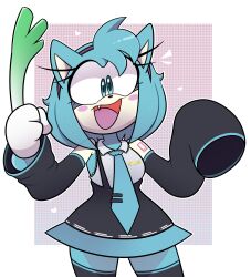  1girl absurdres afroninja360 amy_rose aqua_eyes aqua_hair aqua_necktie black_sleeves cosplay grey_shirt hatsune_miku hatsune_miku_(cosplay) headband highres long_hair necktie shirt sleeveless sleeveless_shirt solo sonic_(series) spring_onion twintails very_long_hair vocaloid 
