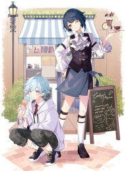  2boys apron ascot bandaged_arm bandages black_pants black_shoes black_shorts black_vest blue_apron blue_eyes blue_hair chongyun_(genshin_impact) chongyun_(gigo)_(genshin_impact) closed_mouth commentary_request cup desert food genshin_impact glass highres holding holding_ice_cream_cone holding_plate hood hoodie ice_cream ice_cream_cone male_focus multiple_boys necktie one_eye_closed pants plate red_necktie shirase_(shirose) shirt shoes short_hair shorts socks vest white_ascot white_hoodie white_shirt white_socks xingqiu_(genshin_impact) yellow_eyes 