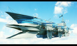  3d aircraft airship arsenixc black_border blue_sky border clouds commentary_request day dirigible english_commentary flag highres letterboxed missile mixed-language_commentary no_humans original outdoors realistic scenery sky steampunk vehicle_focus 