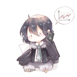  1boy ahoge animal_print aqua_necktie bird_print bird_tail black_eyes black_hair black_jacket blazer blush_stickers bottomless business_suit cellphone chibi chinese_commentary collared_jacket collared_shirt commentary_request fur-trimmed_jacket fur_trim furrification furry furry_male graph hair_between_eyes holding holding_paper holding_pen holding_phone human_head interruption_(echo-023) jacket lapels long_hair_between_eyes male_focus medium_hair necktie nikki_(series) no_mouth notched_lapels open_clothes open_jacket paper paper_stack pen phone prehensile_feet print_necktie shadow shining_nikki shirt simple_background sitting smartphone solid_oval_eyes solo speech_bubble spoken_object suit tail talking_on_phone talons vulture_(shining_nikki) white_background white_shirt winged_arms wings 