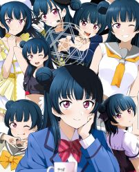  1girl barkhorn0331 birthday blue_hair blush collarbone commentary cup fingerless_gloves gloves grin hair_bun hat highres long_hair looking_at_viewer love_live! love_live!_sunshine!! magic_circle midriff mug multiple_views one_eye_closed pink_eyes school_uniform single_side_bun smile solo tongue tongue_out tsushima_yoshiko untranslatable_commentary upper_body uranohoshi_school_uniform 