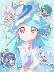  5girls :/ blonde_hair blue_bow blue_bowtie blue_eyes blue_gloves blue_hair blue_hat blue_nails bow bowtie butterfly_hat_ornament character_speculation chibi chibi_inset closed_mouth cure_eclair earrings fingerless_gloves frilled_hat frills gloves green_hair hand_on_own_chin hat hat_ornament heart heart_in_eye highres howa_kurea ieri_shiruku jewelry kaneda_rei kurusu_eliza looking_at_viewer magical_girl meitantei_precure! multiple_girls nail_polish orange_eyes ponytail precure red_eyes serizawa_serizane solo_focus symbol_in_eye violet_eyes 