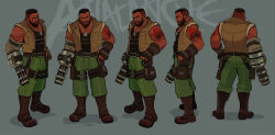  1boy bare_shoulders barret_wallace beard black_gloves black_hair black_tank_top boots brown_boots brown_vest chest_hair commentary dark-skinned_male dark_skin dog_tags english_commentary facial_hair facing_away facing_viewer final_fantasy final_fantasy_vii final_fantasy_vii_remake fingerless_gloves gloves green_pants grey_background gun hand_on_own_hip highres holster male_focus multiple_views muscular muscular_male pants prosthetic_weapon short_hair shoulder_tattoo skull_tattoo smovs solo tank_top tattoo thigh_holster undercut very_short_hair vest weapon 