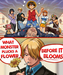  2girls 5boys antlers black_hair blonde_hair blue_nose cigarette clima-tact commentary curly_eyebrows english_commentary english_text facial_hair flower goatee hair_over_one_eye hat highres holding holding_flower holding_slingshot holding_weapon horns jeffrey_epstein little_saint_james_island monkey_d._luffy multiple_boys multiple_girls nami_(one_piece) neggoartz nico_robin one_piece orange_hair pink_hat real_life reindeer_antlers reindeer_boy sanji_(one_piece) slingshot_(weapon) speech_bubble straw_hat straw_hat_pirates tony_tony_chopper usopp weapon 