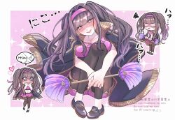  1girl applebell555 black_hair black_jacket blue_shoes border breasts brown_eyes chibi commentary_request english_text fire_emblem fire_emblem_heroes hair_intakes headband highres holding holding_stick jacket jacket_on_shoulders large_breasts leggings_under_shorts long_hair looking_at_viewer multiple_views open_mouth pink_background purple_headband purple_shirt purple_shorts shaded_face shirt shoes shorts sidelocks smile solo sparkling_eyes speech_bubble stick sweatdrop teeth tharja_(dour_cheer)_(fire_emblem) tharja_(fire_emblem) twintails upper_teeth_only very_long_hair white_border 