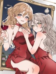  2girls alcohol breasts brown_eyes brown_hair choker commentary_request commission cowboy_shot cup dress drinking_glass grey_hair hair_between_eyes highres kantai_collection medium_breasts multiple_girls one_side_up pola_(kancolle) red_choker red_dress sitting skeb_commission smile twintails window wine wine_glass yakizakana_(sakana_u_u) zara_(kancolle) 