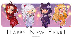  4girls :> :o ;> ahoge alternate_costume animal_ears bag black_hair black_sash blake_belladonna blonde_hair blue_eyes blue_kimono blush braid brown_sandals cat_ears cat_girl chibi chibi_only closed_mouth commentary_request company_name copyright_notice erin_winn eyelashes fireworks floral_print floral_print_kimono flower full_body fur-trimmed_kimono fur_trim grey_eyes hair_between_eyes hair_flower hair_ornament happy_new_year highres holding holding_bag holding_fireworks japanese_clothes kimono long_hair mechanical_arms multiple_girls obi official_art one_eye_closed open_mouth orange_kimono outline print_kimono prosthesis prosthetic_arm purple_flower purple_kimono red_flower red_hair red_kimono ruby_rose rwby sandals sash scar scar_across_eye scar_on_face second-party_source short_hair signature single_braid single_mechanical_arm smile socks sparkler sparks split_mouth standing teeth upper_teeth_only violet_eyes weiss_schnee white_flower white_hair white_outline white_sash white_socks yang_xiao_long yellow_eyes 
