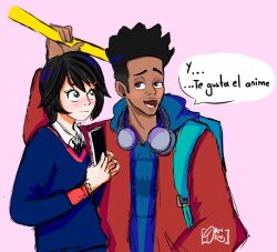  1boy 1girl animal_print aqua_bag asymmetrical_hair bag black_hair black_sweater_vest blush dark-skinned_male dark_skin earrings hair_ornament headphones headphones_around_neck holding holding_notebook jewelry looking_at_another marvel miles_morales notebook okamikaoz peni_parker short_hair sidecut signature spanish_commentary spanish_text spider-man:_across_the_spider-verse spider-man_(series) spider-verse spider_print stud_earrings sweater_vest undercut x_hair_ornament 