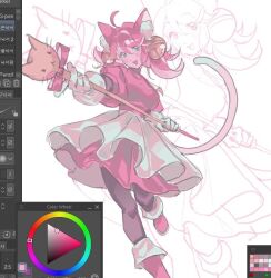  1girl animal_ears art_program_in_frame boots cat_ears cat_girl commentary deltarune dress english_commentary gloves green_eyes holding holding_staff mad_mew_mew open_mouth pink_boots pink_dress pink_hair smile solo staff utdr_(toby_fox) vira_(faust_toucher) white_gloves zoom_layer 
