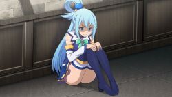  1girl against_wall aqua_(konosuba) bare_shoulders blue_boots blue_choker blue_eyes blue_gem blue_hair blue_shirt blue_skirt boots bow bowtie brooch choker closed_mouth detached_sleeves frilled_choker frills full_body game_asset gem green_bow green_bowtie hair_ornament hair_rings hands_on_own_knees highres indoors jewelry jitome knees_up kono_subarashii_sekai_ni_shukufuku_wo! kono_subarashii_sekai_ni_shukufuku_wo!_kono_yokubukai_game_ni_shinpan_o! long_hair looking_down non-web_source official_art self-datamine shaded_face shirt single_hair_ring sitting skirt sleeveless sleeveless_shirt smile smug solo sphere_hair_ornament stone_wall thigh-highs thigh_boots thighhighs_under_boots tile_floor tiles v-shaped_eyebrows white_sleeves white_thighhighs 
