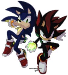  2boys animal_nose armlet black_fur blue_fur body_fur chaos_emerald furry furry_male gloves gold_armlet green_eyes hedgehog_boy highres jewelry multicolored_fur multiple_boys myly14 red_eyes red_shoes shadow_the_hedgehog shoes short_tail sonic_(series) sonic_adventure_2 sonic_the_hedgehog tail transparent_background two-tone_fur white_gloves 