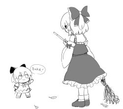  2girls azuma_meri bow broom cirno collared_shirt commentary_request detached_sleeves detached_wings dress frilled_bow frilled_hair_tubes frills full_body fumo_(doll) greyscale hair_bow hair_tubes hakurei_reimu holding holding_broom ice ice_wings leaf long_hair monochrome multiple_girls pinafore_dress ribbon-trimmed_sleeves ribbon_trim romaji_text shirt shoes skirt sleeveless sleeveless_dress socks speech_bubble touhou wings 