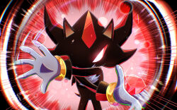  1boy armlet black_fur body_fur chaos_emerald commentary english_commentary furry furry_male gloves glowing glowing_eyes gold_armlet hedgehog_boy jewelry jonnisalazar multicolored_fur shadow_the_hedgehog short_tail sonic_(series) striped_fur tail two-tone_fur white_gloves 