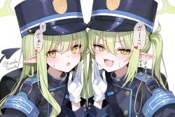  2girls :d :o backpack bag black_hat black_jacket blue_archive blush commentary_request demon_tail earrings fang gloves green_hair hair_between_eyes halo hand_up hat hikari_(blue_archive) jacket jewelry long_hair multiple_girls nozomi_(blue_archive) pointy_ears shako_cap siblings simple_background sisters small_sweatdrop smile sweat tail tateishi_kureha translation_request twins twintails twitter_username upper_body white_background white_gloves yellow_eyes 
