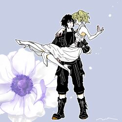  1boy 1girl arm_around_another's_waist arm_around_shoulder bare_arms black_boots black_gloves black_hair black_jacket black_pants black_shirt blonde_hair boots braid breasts carrying couple dress earrings final_fantasy final_fantasy_xv fingerless_gloves flower full_body gloves hair_between_eyes hetero high_heels jacket jewelry long_dress long_hair looking_at_another lunafreya_nox_fleuret medium_breasts mochi_(hanamaruudondesu) noctis_lucis_caelum pants ponytail princess_carry purple_background shirt short_hair sign sleeveless sleeveless_dress standing white_dress white_flower white_shirt 