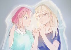  2girls absurdres black_shirt blue_eyes blue_sweater closed_mouth commentary film_grain girls_band_cry grey_background grey_eyes grey_hair highres iseri_nina kawaragi_momoka long_hair multiple_girls pinky_swear prpr_churu red_hair shirt short_twintails smile sweater twintails yuri 