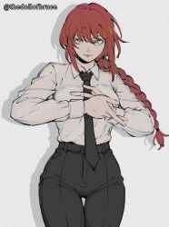  1girl black_necktie black_pants braid breasts chainsaw_man closed_mouth collared_shirt cowboy_shot facing_viewer grey_background hair_between_eyes highres light_smile long_hair looking_at_viewer makima_(chainsaw_man) medium_breasts necktie own_hands_together pants red_hair ringed_eyes shirt shirt_tucked_in sidelocks single_braid solo thedollofbruce thigh_gap twitter_username white_shirt yellow_eyes 