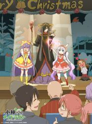  alternate_hairstyle bald black_hair black_robe blue_eyes blush boots bow brown_eyes closed_eyes commentary_request crossdressing crossdressing_(mtf) dress embarrassed fafnir_(maidragon) fake_horns glasses gradient_hair hair_over_one_eye hands_on_own_cheeks hands_on_own_face holding holding_staff holding_wand horns jewelry kanna_kamui knee_boots kobayashi-san_chi_no_maidragon kobayashi_(maidragon) logo long_hair magatsuchi_shouta multicolored_hair multiple_rings official_art pink_dress pointing puffy_short_sleeves puffy_sleeves purple_hair raised_inner_eyebrows red_bow red_hair reverse_trap ring robe saikawa_riko short_dress short_sleeves sitting smile spotlight staff stage takiya_makoto theatrical_performance thigh-highs twintails very_long_hair wand wariza white_thighhighs yellow_bow zettai_ryouiki 
