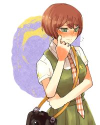  1girl blush camera closed_mouth collared_shirt commentary_request danganronpa_(series) danganronpa_2:_goodbye_despair dress eyelashes flying_sweatdrops freckles green_dress green_eyes koizumi_mahiru necktie nose_blush pinafore_dress plaid_clothes plaid_necktie red_hair red_necktie shinshishinc shirt short_hair short_sleeves sleeveless sleeveless_dress solo split_mouth sweatdrop very_short_hair wavy_mouth white_background white_shirt 