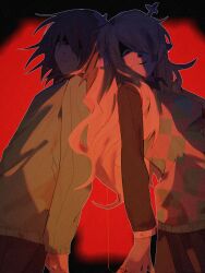  1girl 1other absurdres antlers black_eyes black_shirt blonde_hair brown_hair checkered_sweater_vest commentary deer_antlers deer_girl deltarune furry furry_female green_sweater hair_over_one_eye highres horns kris_(deltarune) long_hair noelle_holiday red_background red_eyes shirt short_hair si_ben_huan smile string string_of_fate sweater thorn_ring_(deltarune) untranslatable_commentary utdr_(toby_fox) weird_route_(deltarune) 