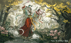  1girl absurdres arm_up black_horns black_sash blue_ribbon branch closed_mouth crossed_bangs day double-parted_bangs flower forest full_body grass grey_eyes grey_hair hair_between_eyes hakama hakama_skirt happy_birthday highres holding holding_branch horns huang_du_du japanese_clothes kimono long_hair long_sleeves nature obi original outdoors red_hakama red_ribbon ribbon sash skirt solo standing tree very_long_hair white_kimono wide_sleeves 