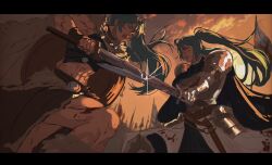  2026_fifa_world_cup 2girls abs aqua_hair armor basic0lly battle braid cape clash english_flag english_miku fighting flag flagpole fur_cape hatsune_miku hatsune_miku_world_cup_custody_battle_(meme) highres long_hair meme multiple_girls muscular muscular_female norwegian_flag norwegian_miku sheath sun sword sword_clash sword_fight twin_braids twintails viking vocaloid weapon world_cup 