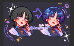  1boy :p akanbe alternate_hair_color arrow_(symbol) black_background black_bodysuit black_border black_bridal_gauntlets black_hair blunt_ends blush bodysuit border bridal_gauntlets bright_pupils choppy_bangs colored_eyelashes coloring_practice cropped_torso cross-shaped_pupils eyelid_pull finger_to_eye frown genshin_impact gold hand_up index_finger_raised japanese_clothes kimono looking_at_viewer male_focus mandarin_collar nouconcept open_clothes open_kimono purple_hair scaramouche_(genshin_impact) shoulder_peek solo symbol-shaped_pupils tongue tongue_out twitter_username v-shaped_eyebrows violet_eyes wanderer_(genshin_impact) white_kimono white_pupils 