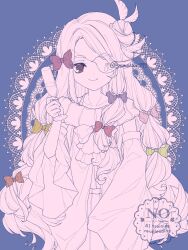  1girl bow braid commentary_request cup detached_sleeves dress drinking_glass eyepatch frilled_dress frills hair_ornament highres holding holding_cup lolita_fashion long_hair magical_girl mahou_shoujo_ikusei_keikaku mahou_shoujo_ikusei_keikaku_restart pfle red_eyes smile twin_braids wine_glass yomo_gigyoza 