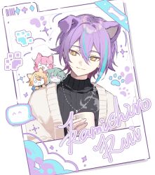  >_< 2boys 2girls :3 :d ^_^ animal_ears animal_hands asymmetrical_hair black_sweater blonde_hair blush_stickers bone cardigan cat_ears character_name chibi chibi_on_shoulder closed_eyes closed_mouth commentary cup dog_ears drink green_hair hair_between_eyes highres holding holding_cup holding_drink jewelry kamishiro_rui kusanagi_nene looking_at_another makka_potato male_focus multicolored_hair multiple_boys multiple_girls necklace ootori_emu open_mouth paw_print pink_hair project_sekai purple_hair short_hair smile speech_bubble steam streaked_hair sweat sweater tenma_tsukasa upper_body violet_eyes wonderlands_x_showtime_(project_sekai) x3 xd yellow_eyes 