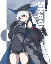  1girl absurdres aqua_hat arknights ascot bare_shoulders black_ascot black_gloves black_hat breasts bright_pupils clothing_cutout commentary_request cowboy_shot detached_sleeves gloves grabbing_own_hair hair_between_eyes halftone hat highres holding holding_own_hair holding_sword holding_weapon infection_monitor_(arknights) long_hair long_sleeves looking_at_viewer pants red_eyes shirt skadi_(arknights) solo strap sword thigh_cutout thighs very_long_hair weapon white_hair white_pupils xue_jian_ying 