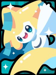  absurdres aqua_background black_border border commentary_request highres jirachi open_mouth pokemon pokemon_(creature) pokemon_focus shichi_(7cube_ori) smile solo sparkle thick_lineart 