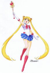  1girl arm_up bishoujo_senshi_sailor_moon bishoujo_senshi_sailor_moon_r blonde_hair blue_sailor_collar blue_skirt boots bow brooch commentary_request crystal_star_(sailor_moon) curtained_hair cutie_moon_rod double_bun fukano_youichi full_body gloves hair_bun highres holding holding_wand jewelry knee_boots leotard long_hair magical_girl miniskirt official_artist_extra open_mouth pleated_skirt red_boots red_bow sailor_collar sailor_moon signature simple_background skirt smile solo tsukino_usagi twintails very_long_hair wand white_background white_gloves white_leotard 