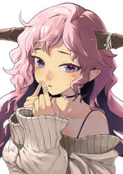  1girl bandaged_fingers bandages bandaid bandaid_on_hand bandaid_on_shoulder bare_shoulders black_choker blush bra_strap choker clip_studio_paint collarbone commentary demon_horns eudetenis grey_sweater hands_up heart heart_choker highres horns index_fingers_together long_hair long_sleeves looking_at_viewer off-shoulder_sweater off_shoulder open_mouth original parted_lips personification pink_eyes pink_hair pointy_ears purple_hair simple_background sleeves_past_wrists solo sweater upper_body variant_set wavy_hair white_background 