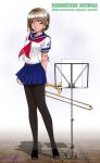  black_pantyhose bob_cut brown_eyes brown_hair instrument legs long_legs maki_michaux mishou_maki music_stand original pantyhose russian school_uniform short_hair solo translated trombone 